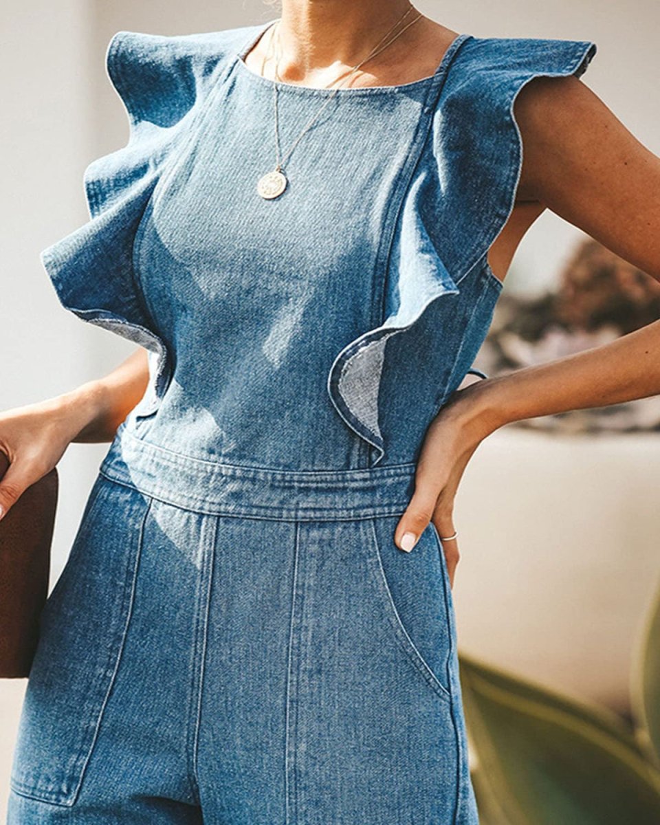 Ruffled Backless Sleeveless Denim Jumpsuit - Necessary Clothing