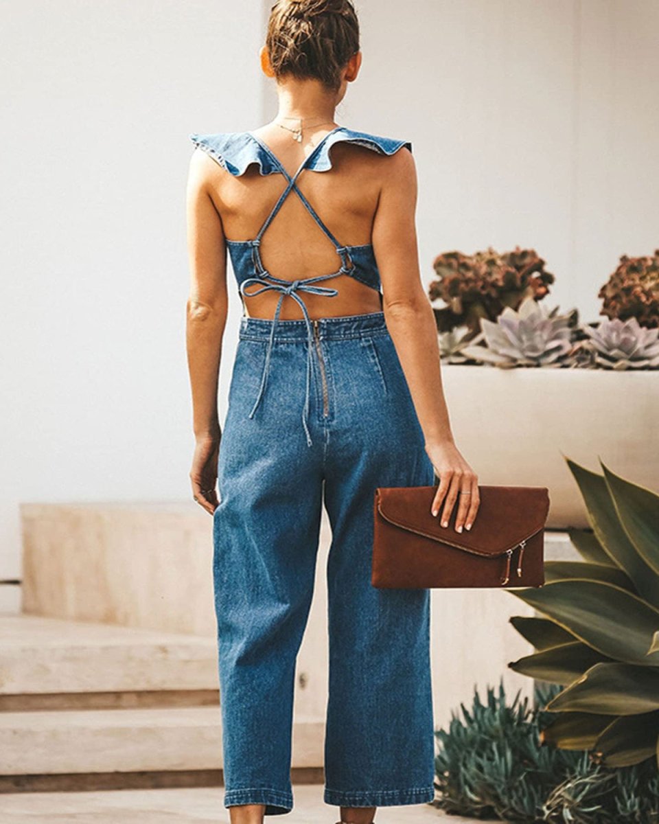 Ruffled Backless Sleeveless Denim Jumpsuit - Necessary Clothing