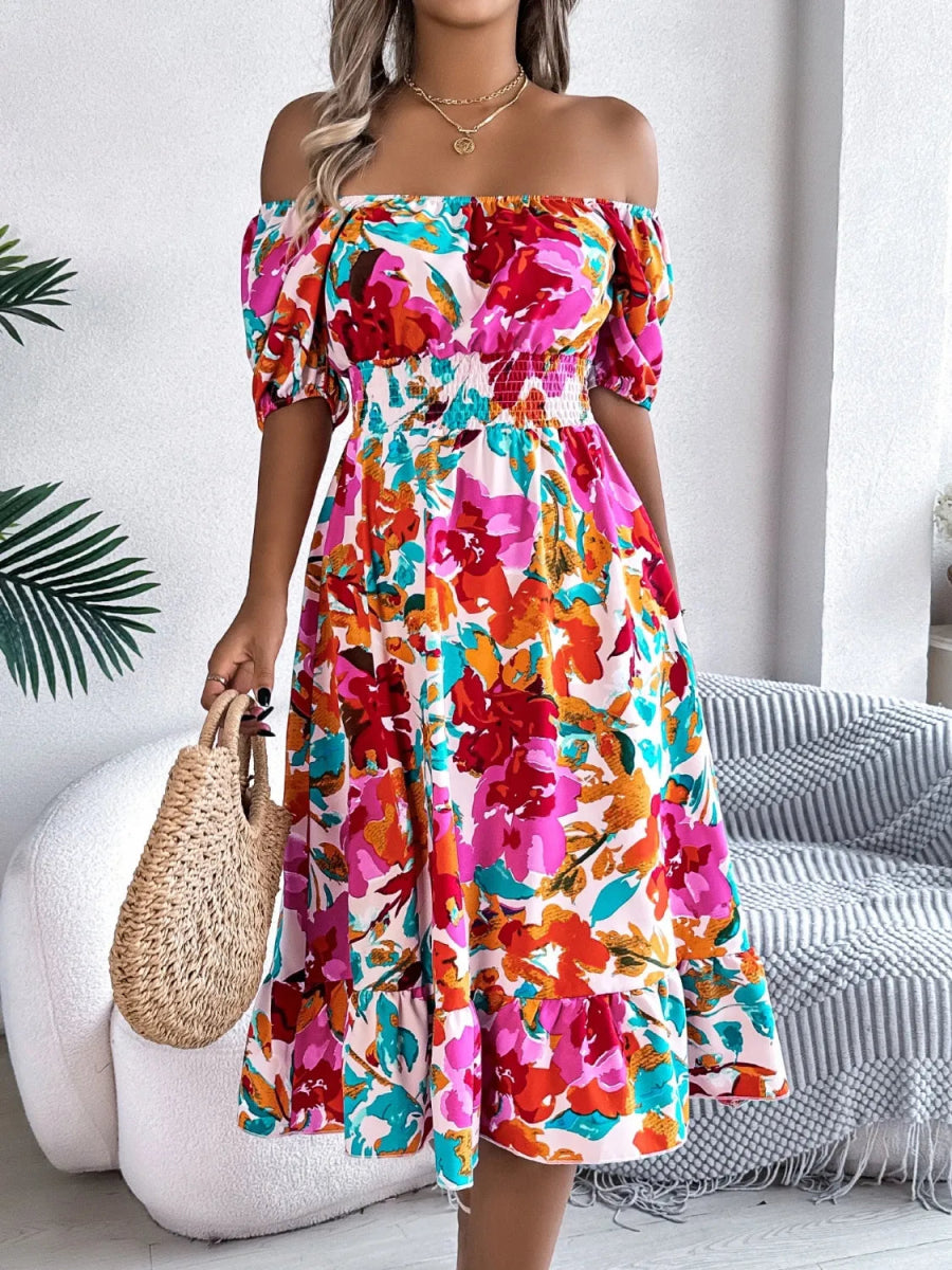 Ruffled Hem Smocked Floral Short Sleeve Midi Dress - Necessary Clothing