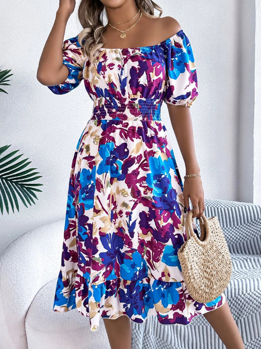 Ruffled Hem Smocked Floral Short Sleeve Midi Dress - Necessary Clothing