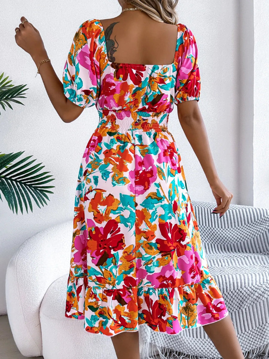 Ruffled Hem Smocked Floral Short Sleeve Midi Dress - Necessary Clothing