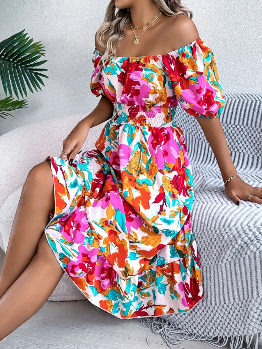 Ruffled Hem Smocked Floral Short Sleeve Midi Dress - Necessary Clothing