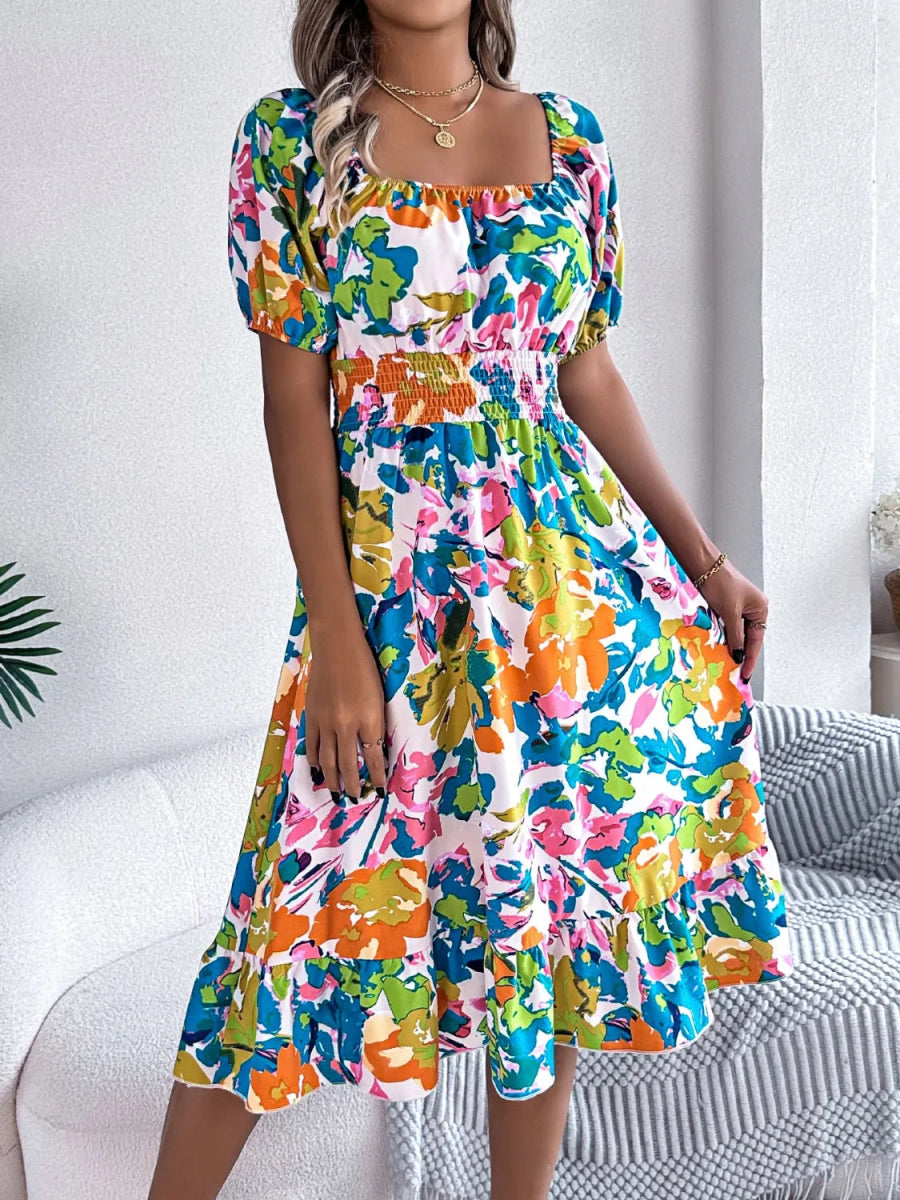 Ruffled Hem Smocked Floral Short Sleeve Midi Dress - Necessary Clothing