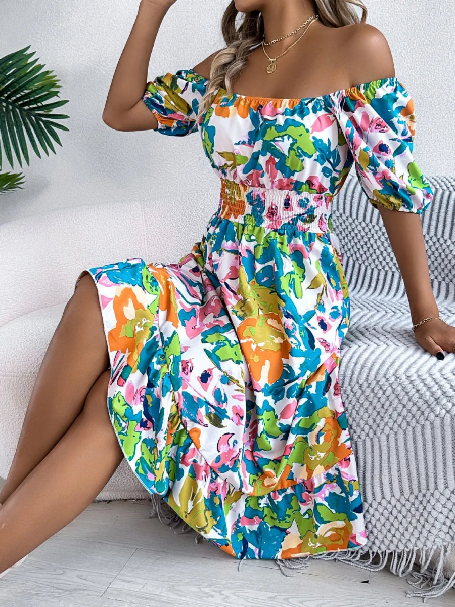 Ruffled Hem Smocked Floral Short Sleeve Midi Dress - Necessary Clothing
