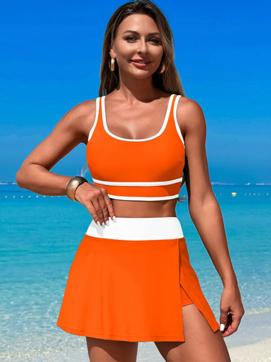 Scoop Neck Top and Skort Swim Set - Necessary Clothing