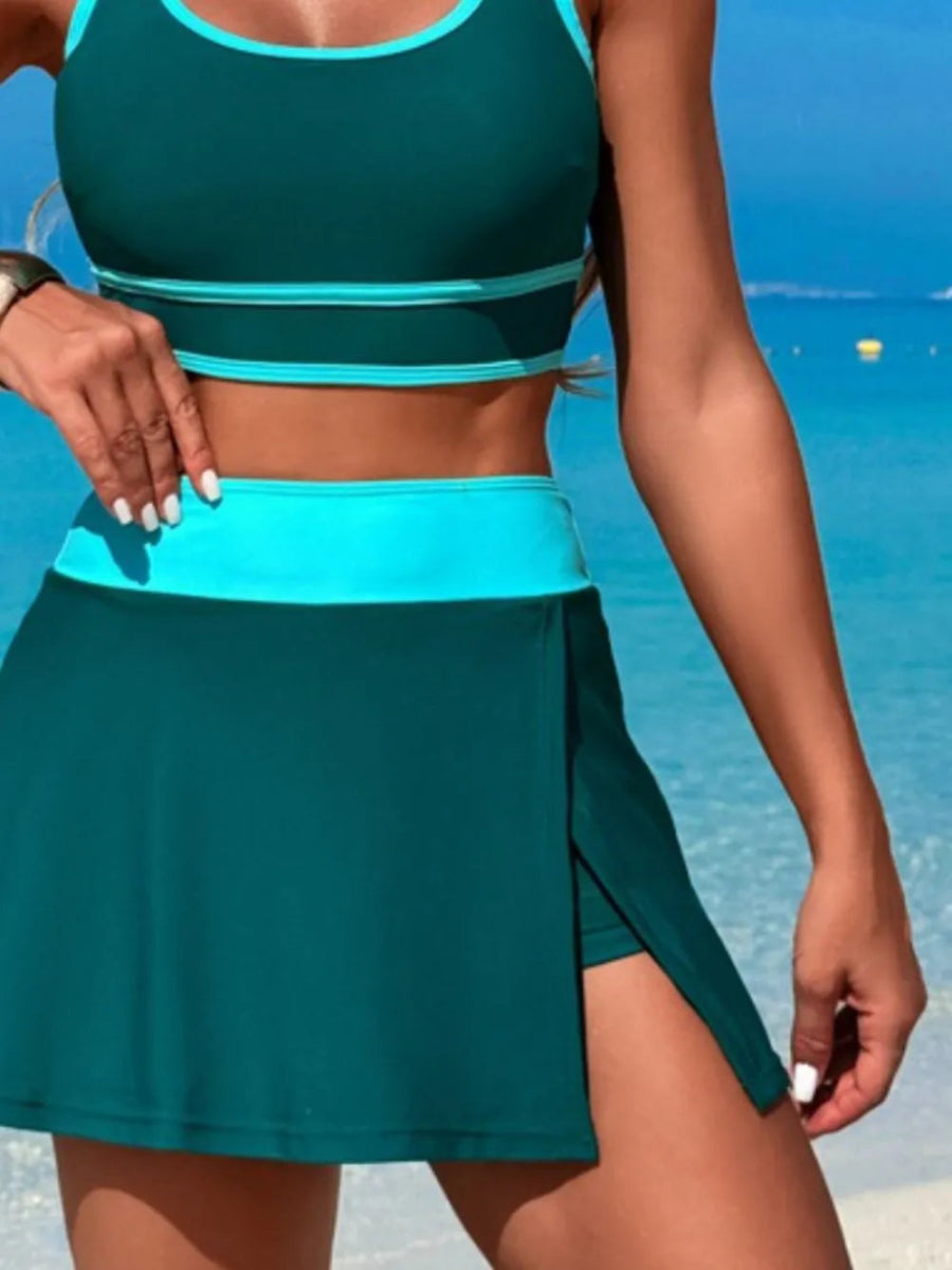 Scoop Neck Top and Skort Swim Set - Necessary Clothing