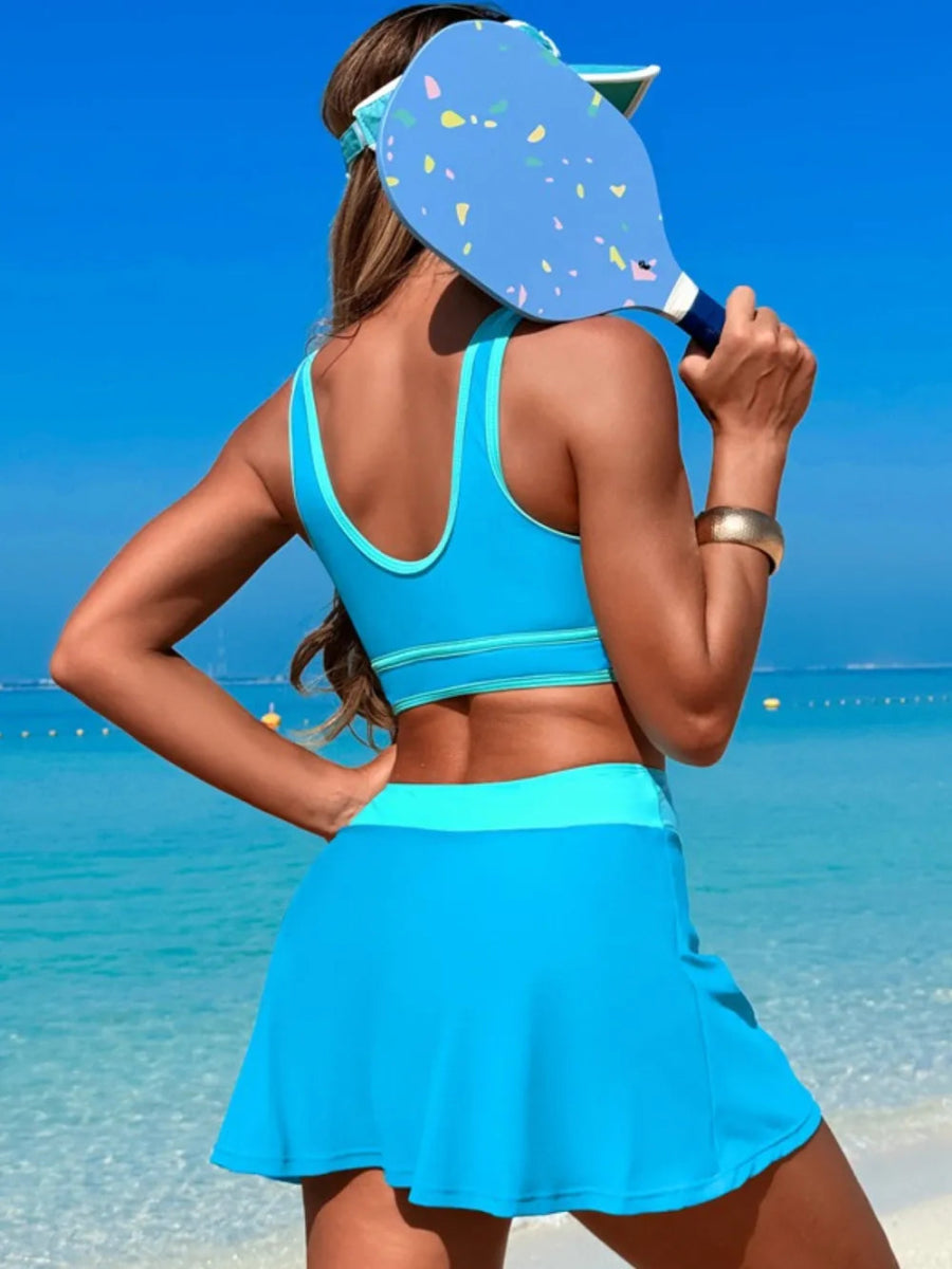 Scoop Neck Top and Skort Swim Set - Necessary Clothing