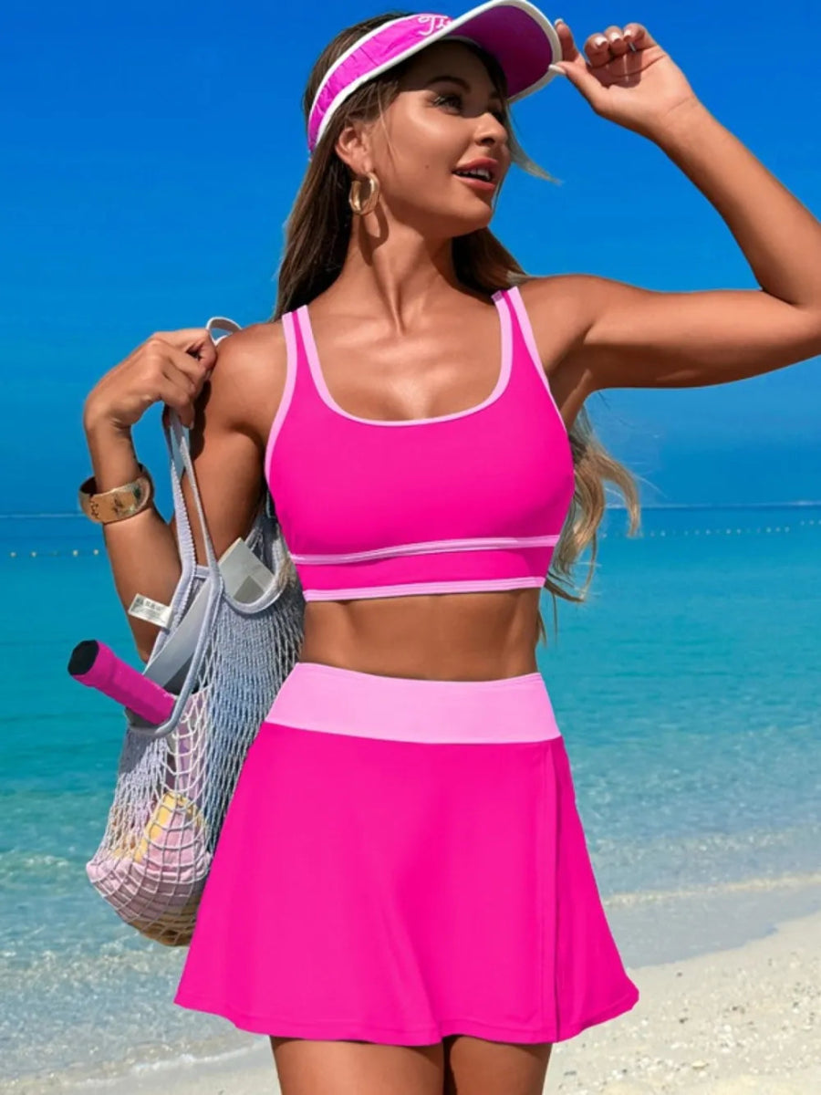 Scoop Neck Top and Skort Swim Set - Necessary Clothing