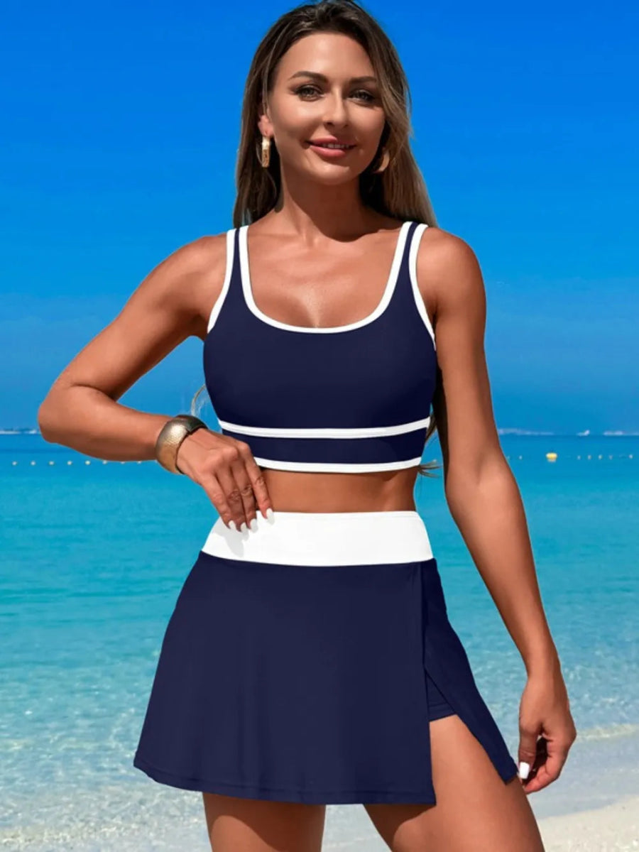 Scoop Neck Top and Skort Swim Set - Necessary Clothing