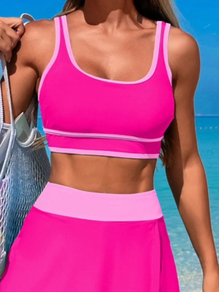 Scoop Neck Top and Skort Swim Set - Necessary Clothing