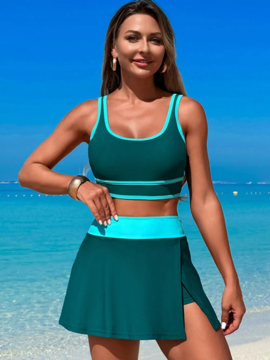 Scoop Neck Top and Skort Swim Set - Necessary Clothing