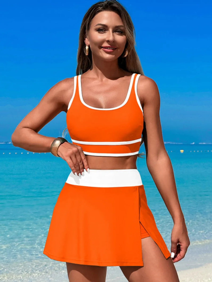 Scoop Neck Top and Skort Swim Set - Necessary Clothing