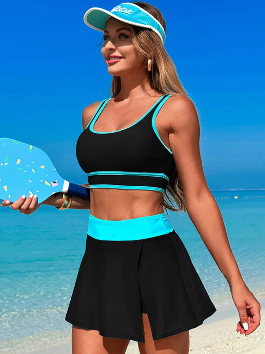 Scoop Neck Top and Skort Swim Set - Necessary Clothing