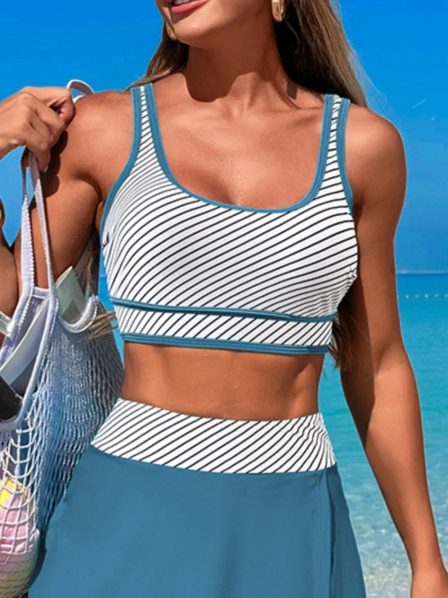 Scoop Neck Top and Skort Swim Set - Necessary Clothing