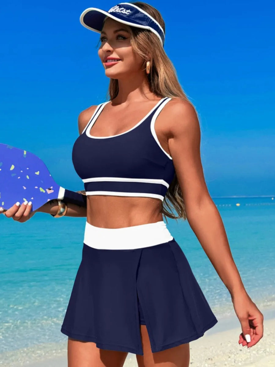 Scoop Neck Top and Skort Swim Set - Necessary Clothing