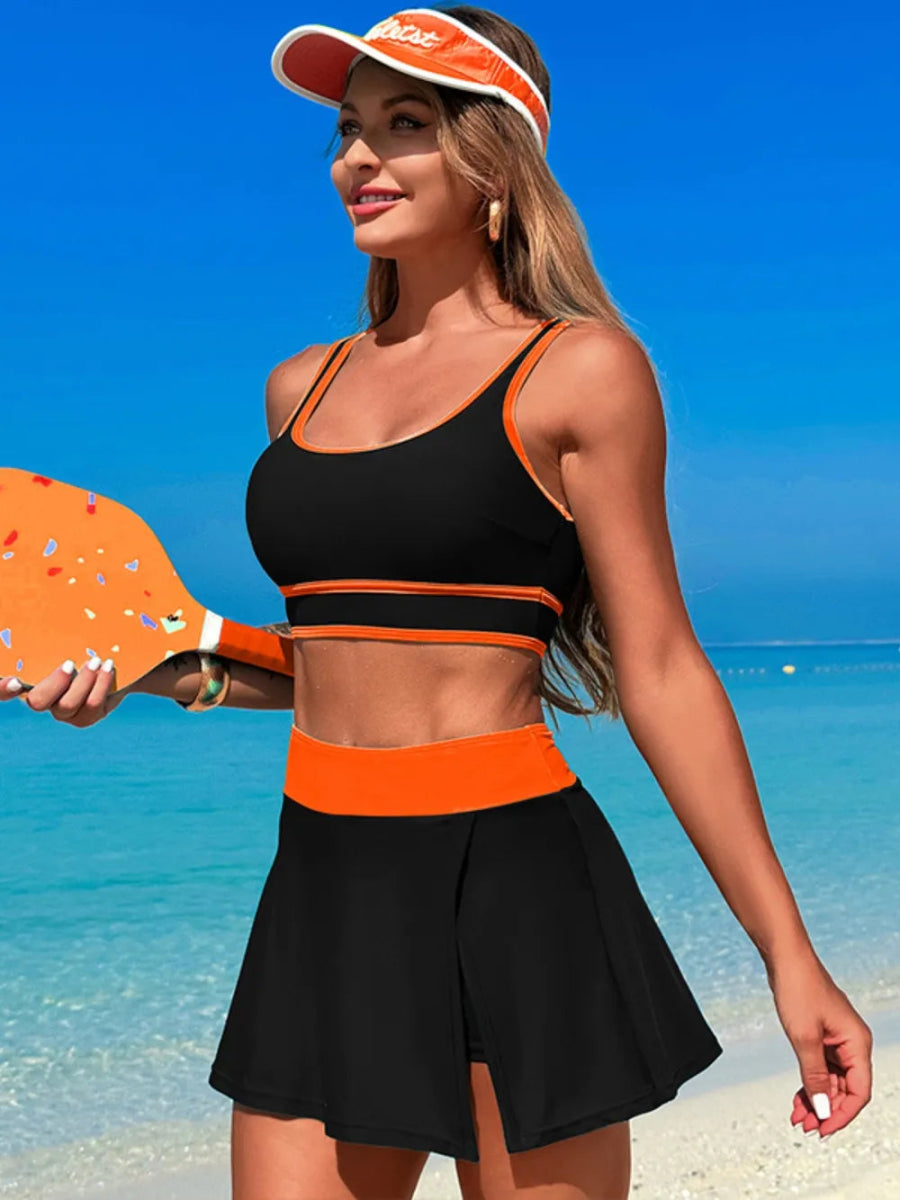Scoop Neck Top and Skort Swim Set - Necessary Clothing