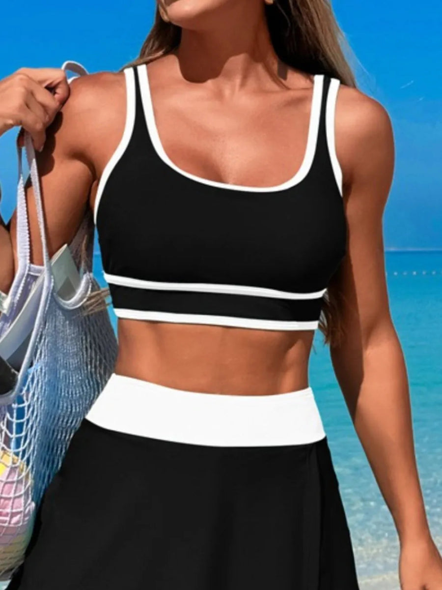 Scoop Neck Top and Skort Swim Set - Necessary Clothing