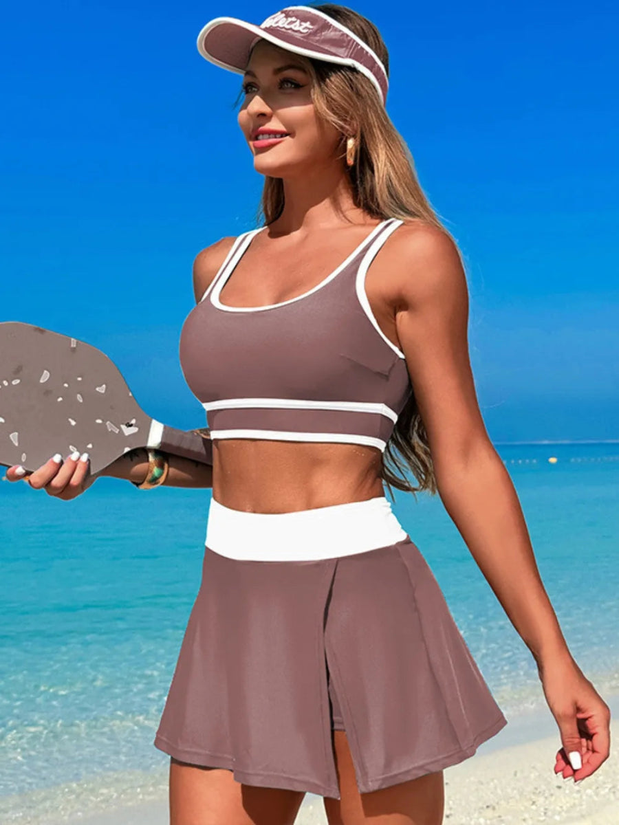 Scoop Neck Top and Skort Swim Set - Necessary Clothing