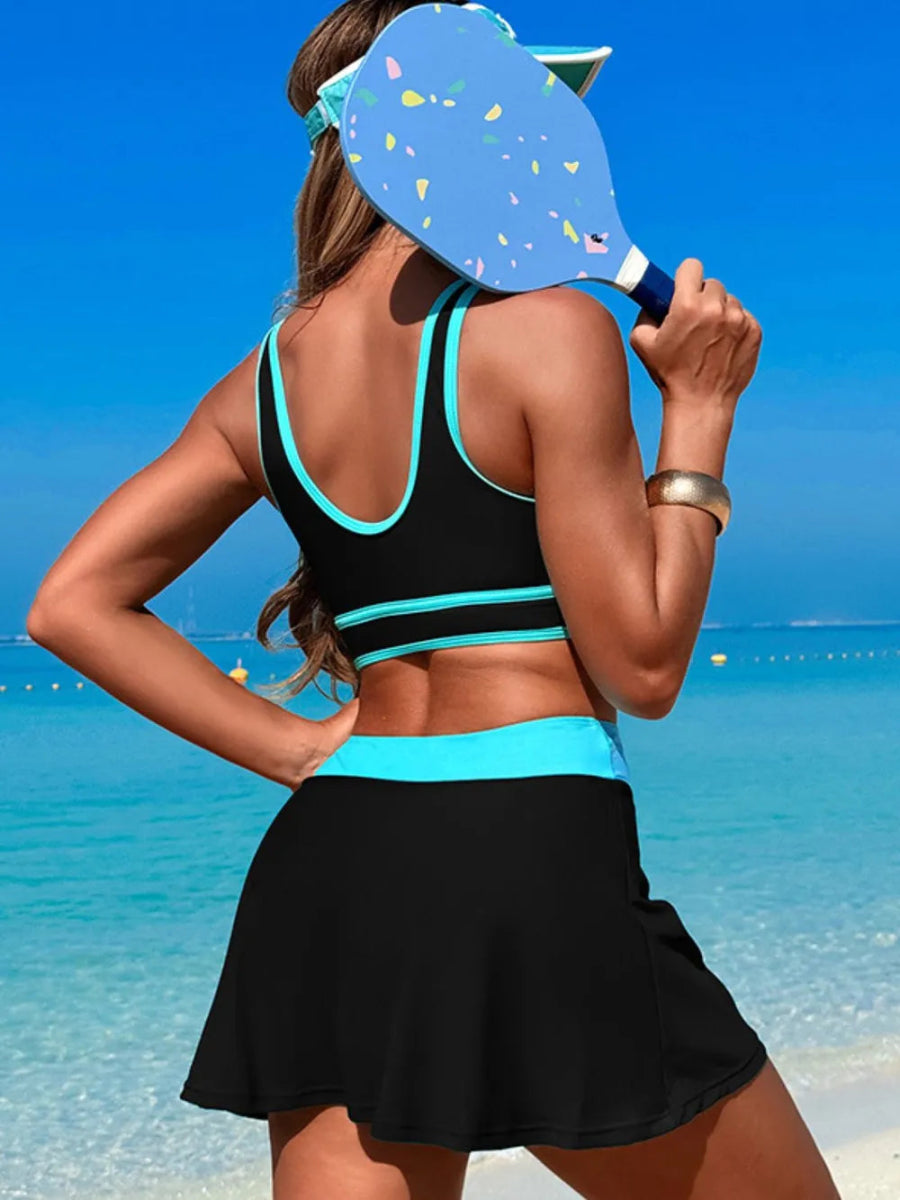 Scoop Neck Top and Skort Swim Set - Necessary Clothing