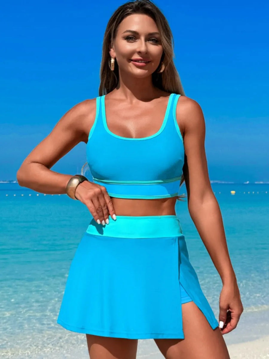 Scoop Neck Top and Skort Swim Set - Necessary Clothing