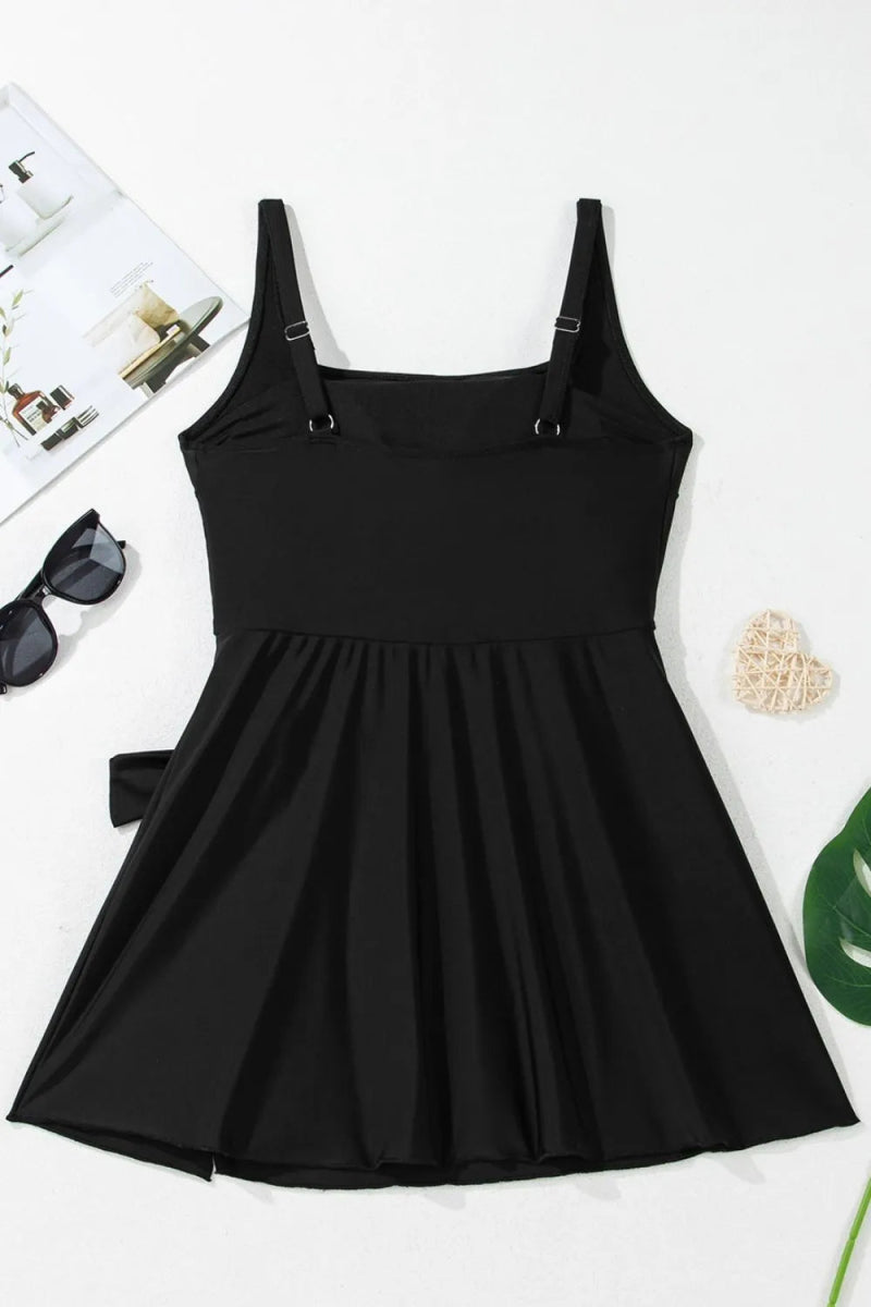 Side Tied Waist Square Neck Adjustable Straps A - line One Piece Swim Dress - Necessary Clothing