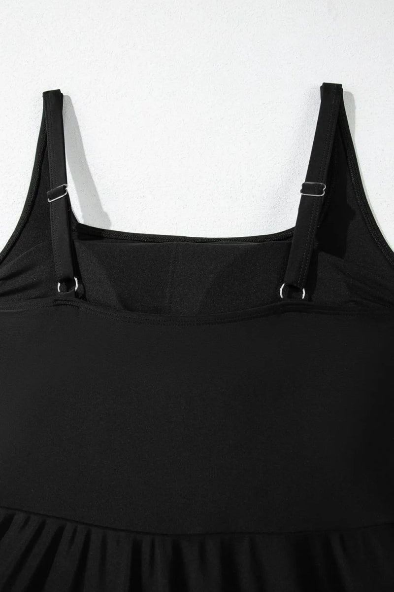 Side Tied Waist Square Neck Adjustable Straps A - line One Piece Swim Dress - Necessary Clothing
