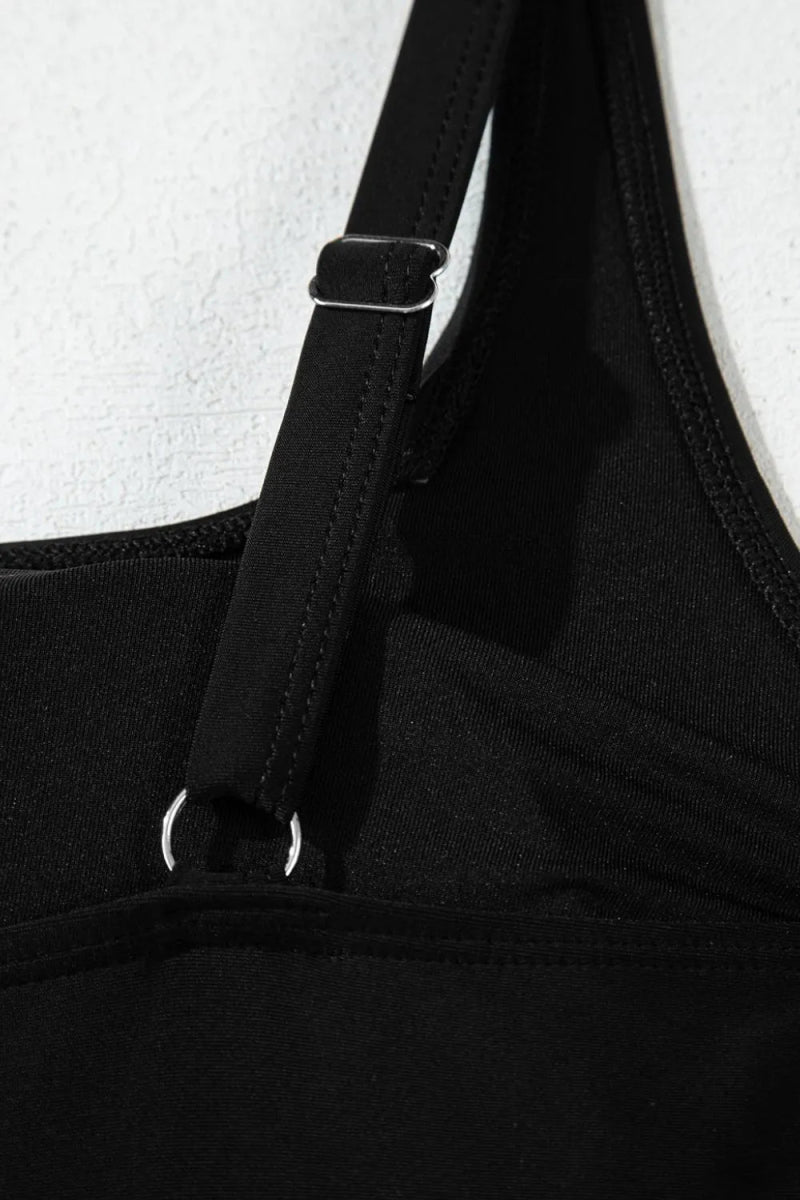 Side Tied Waist Square Neck Adjustable Straps A - line One Piece Swim Dress - Necessary Clothing