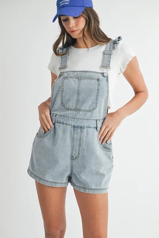 Square Neck Ruffle Shoulder Denim Overall Romper - Necessary Clothing