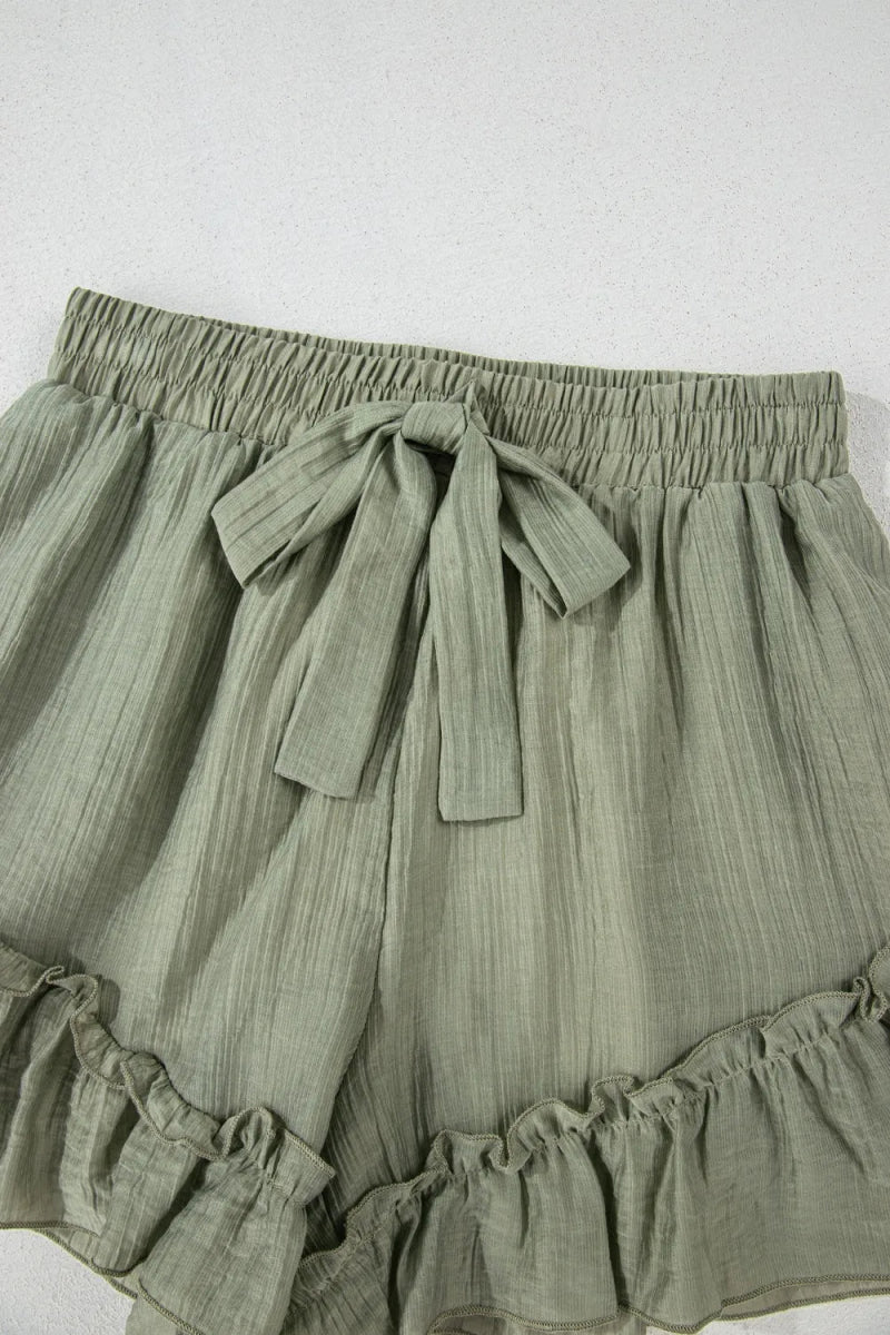 Textured Tie Waist Ruffle Hem Shorts - Necessary Clothing