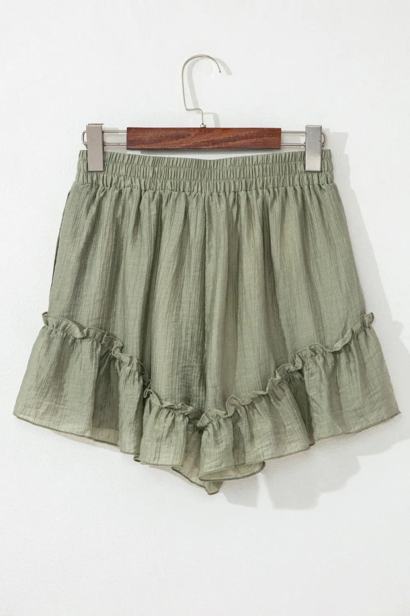 Textured Tie Waist Ruffle Hem Shorts - Necessary Clothing