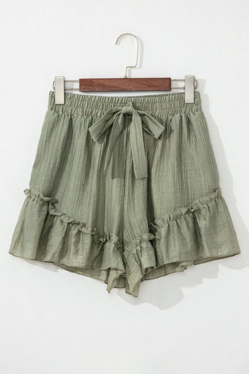 Textured Tie Waist Ruffle Hem Shorts - Necessary Clothing