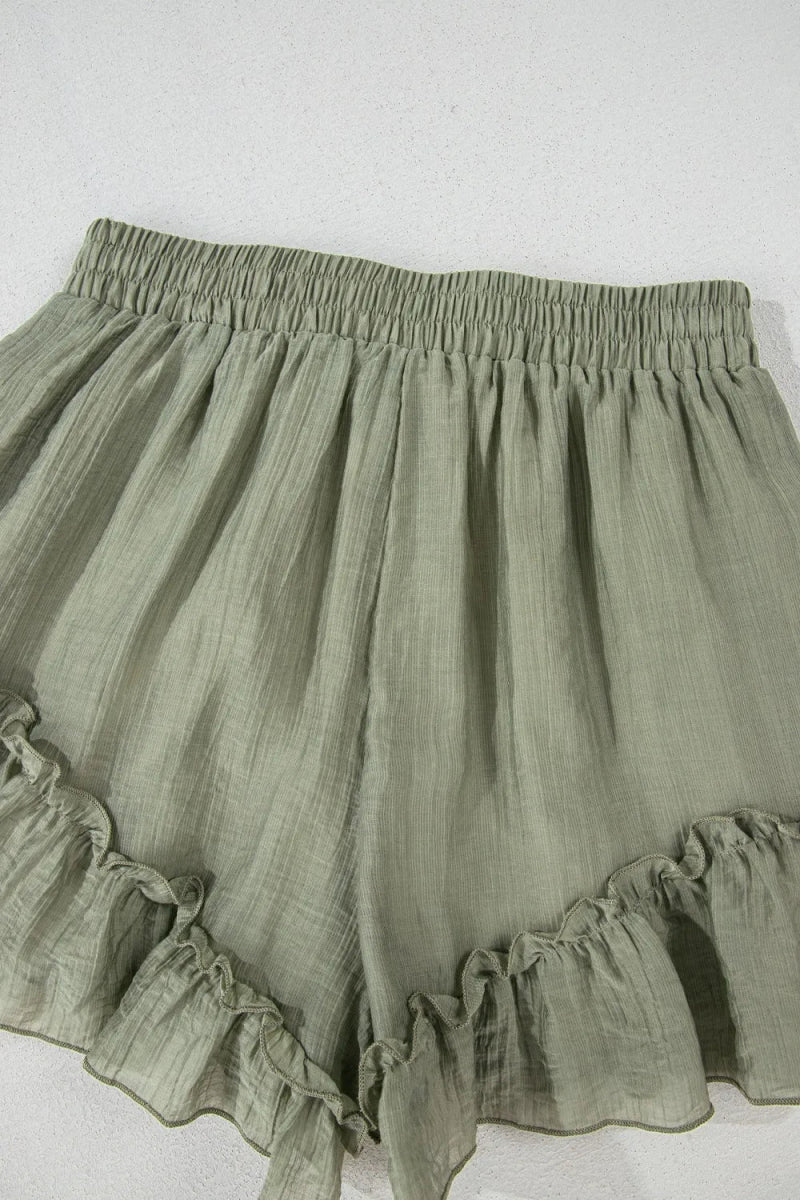 Textured Tie Waist Ruffle Hem Shorts - Necessary Clothing