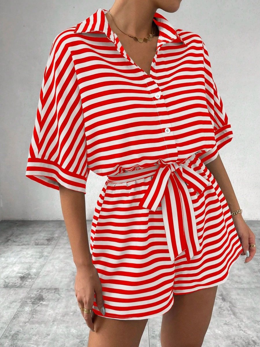 Tie Waist Half Button Striped Romper - Necessary Clothing