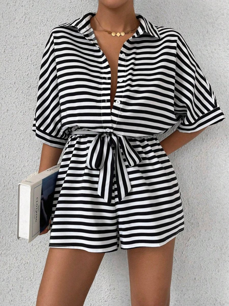 Tie Waist Half Button Striped Romper - Necessary Clothing