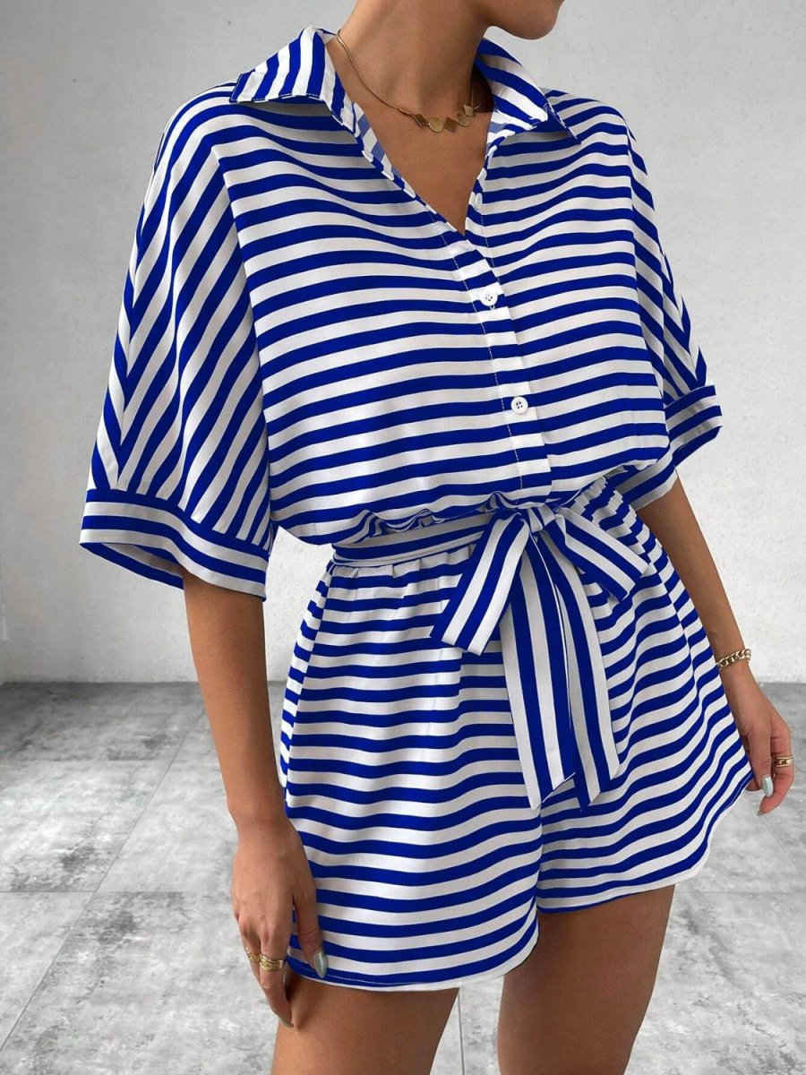 Tie Waist Half Button Striped Romper - Necessary Clothing