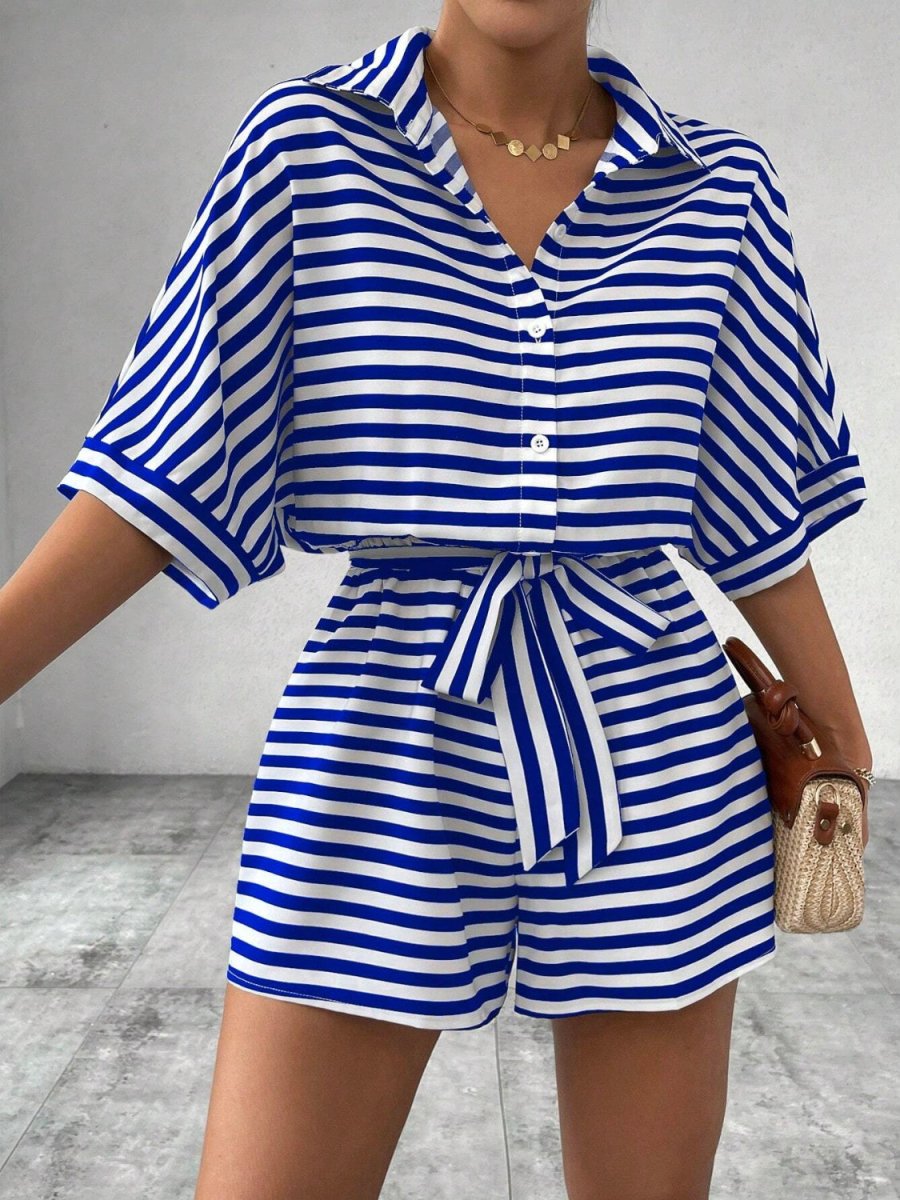Tie Waist Half Button Striped Romper - Necessary Clothing