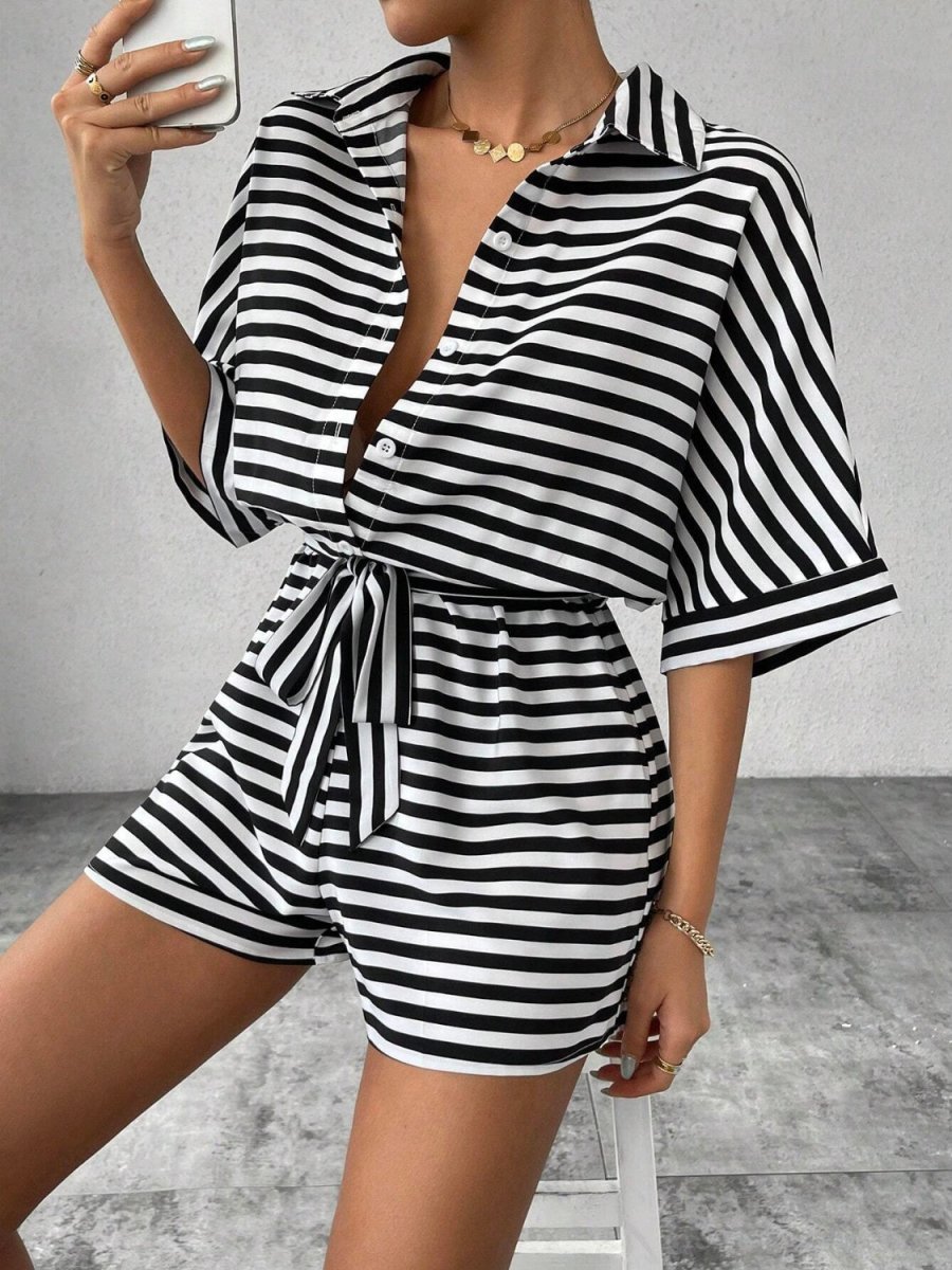 Tie Waist Half Button Striped Romper - Necessary Clothing