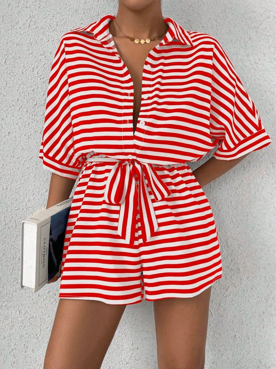 Tie Waist Half Button Striped Romper - Necessary Clothing