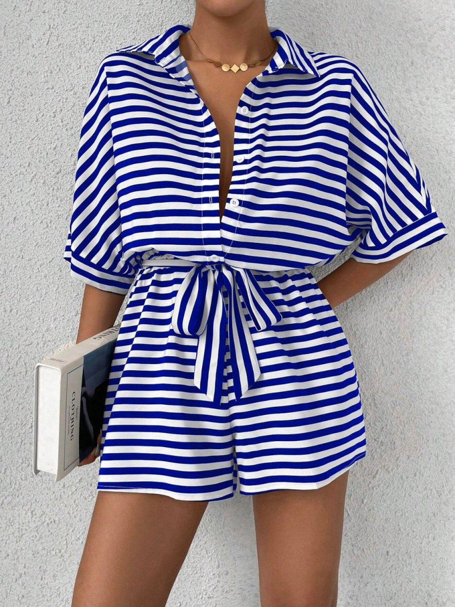Tie Waist Half Button Striped Romper - Necessary Clothing