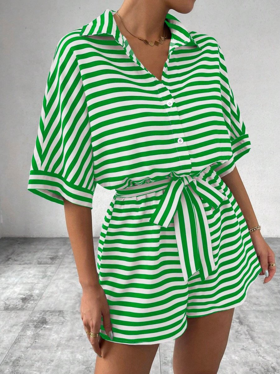 Tie Waist Half Button Striped Romper - Necessary Clothing