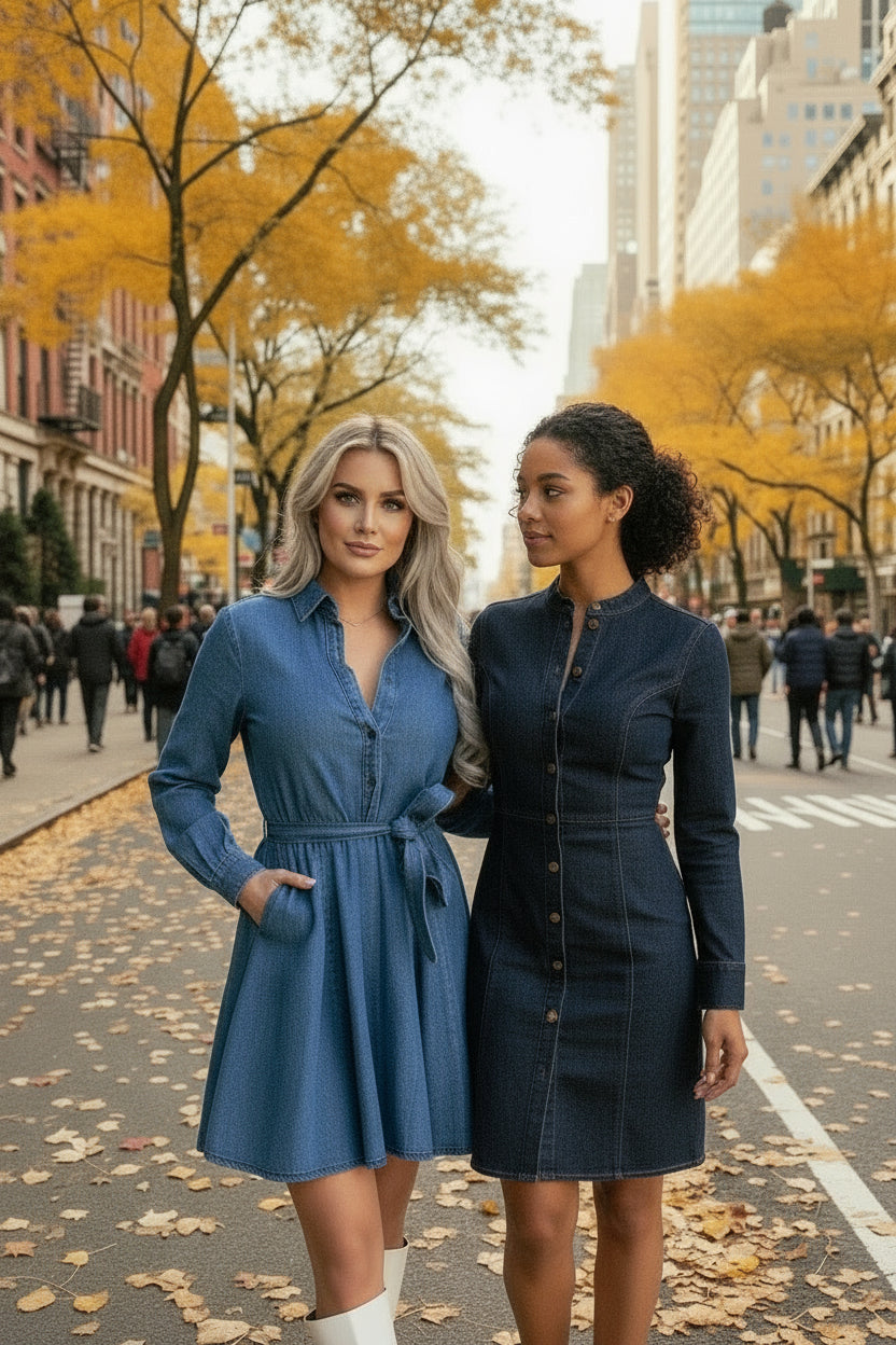 Tied Half Button Long Sleeve Denim Dress - Necessary Clothing