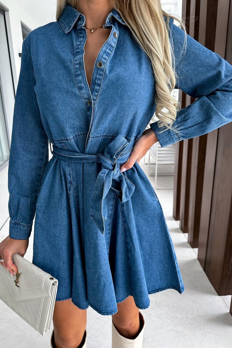 Tied Half Button Long Sleeve Denim Dress - Necessary Clothing