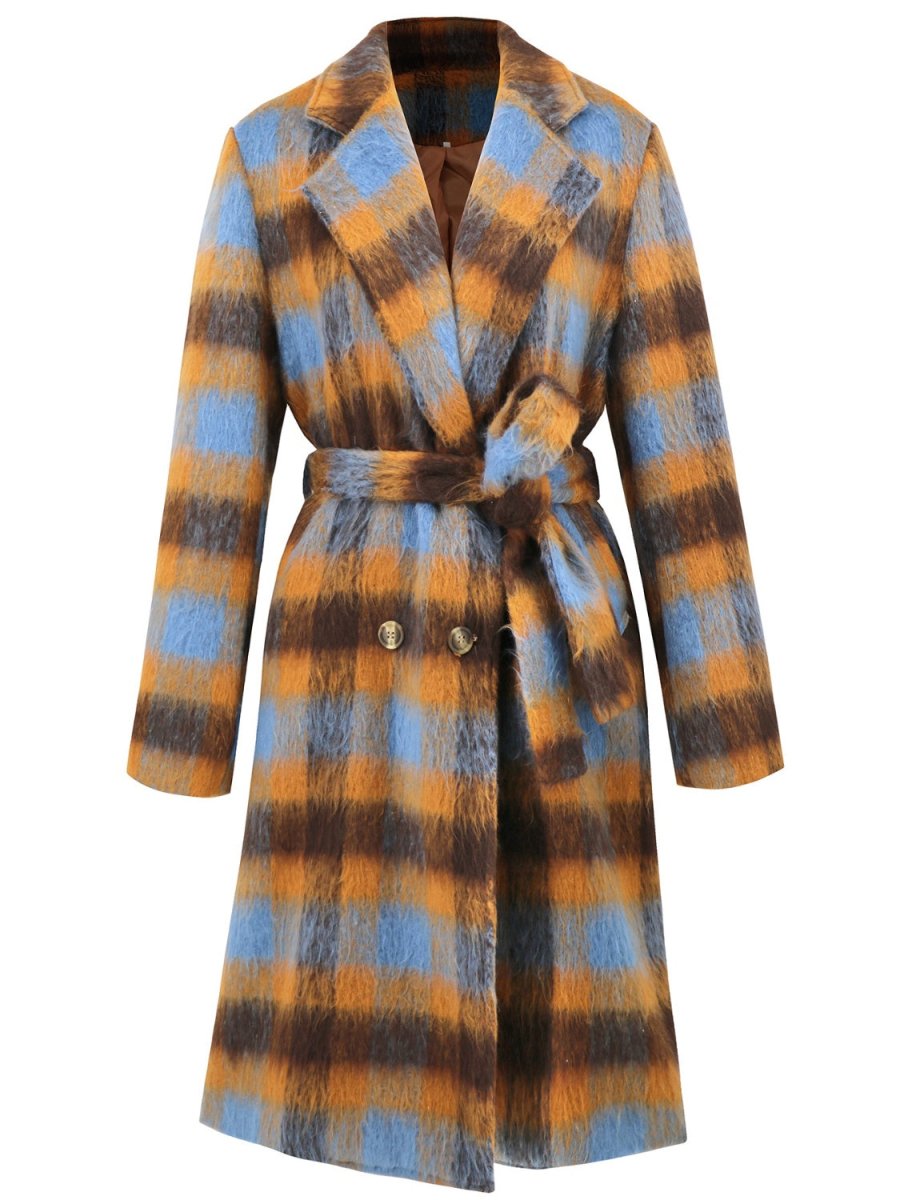 Tied Plaid Collared Neck Coat - Necessary Clothing