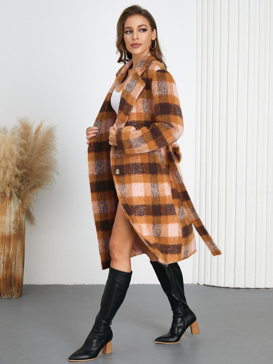 Tied Plaid Collared Neck Coat - Necessary Clothing