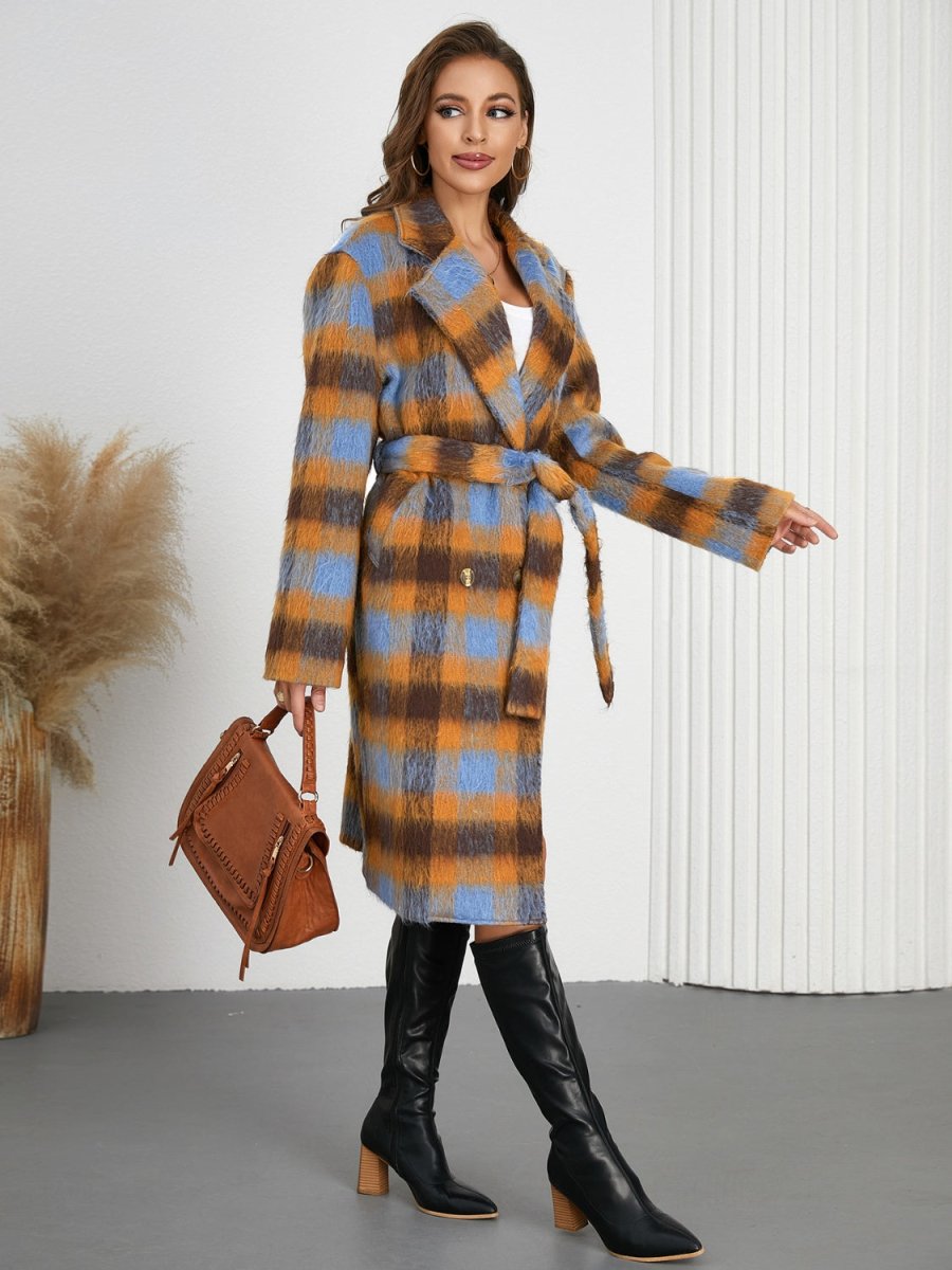 Tied Plaid Collared Neck Coat - Necessary Clothing