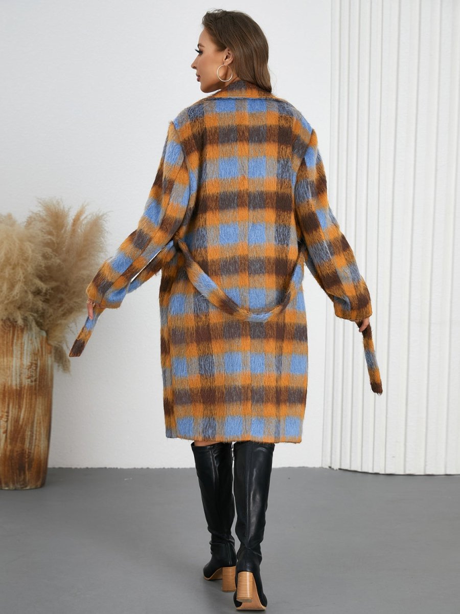 Tied Plaid Collared Neck Coat - Necessary Clothing