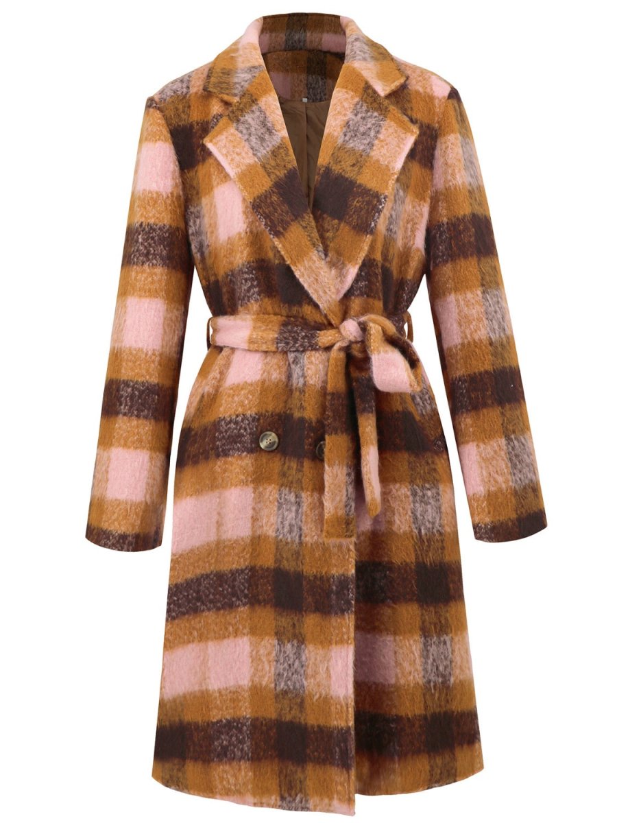 Tied Plaid Collared Neck Coat - Necessary Clothing