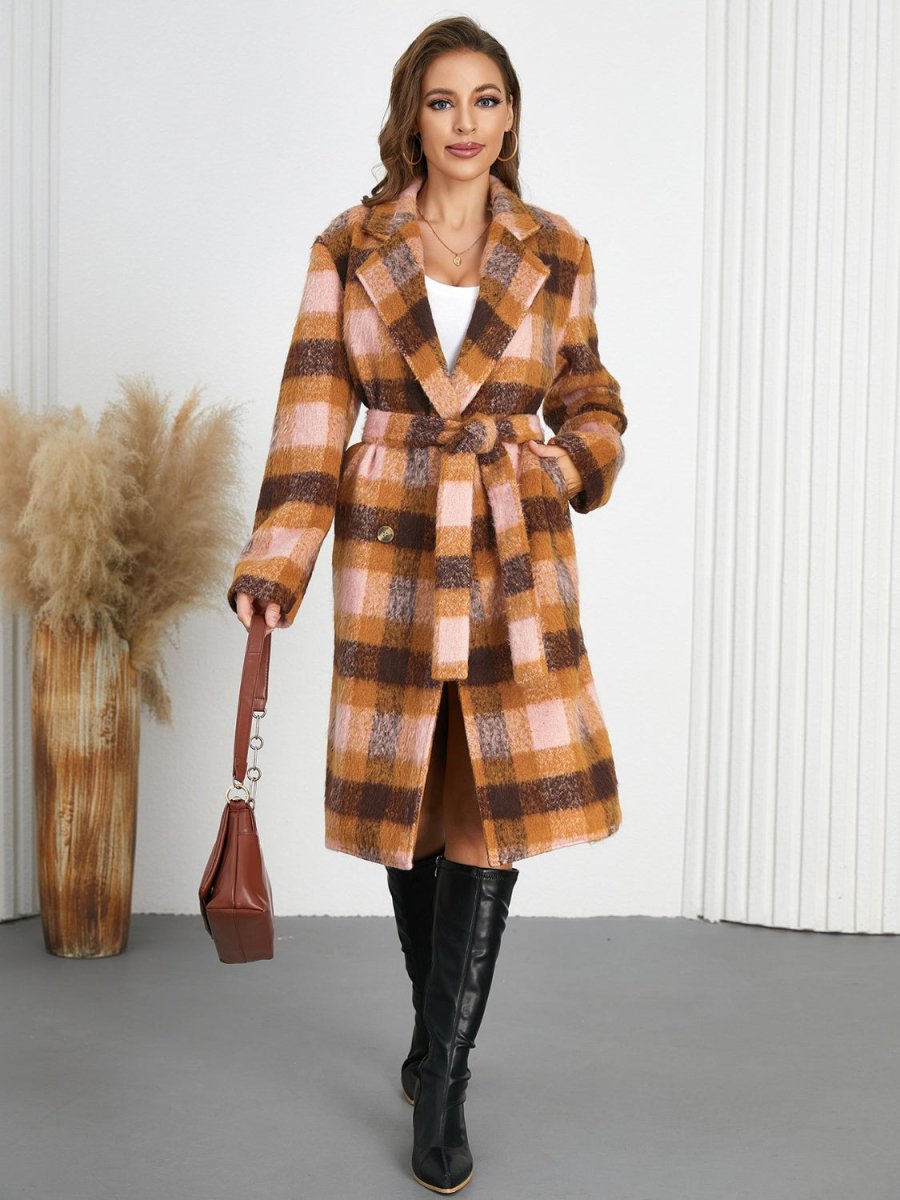 Tied Plaid Collared Neck Coat - Necessary Clothing