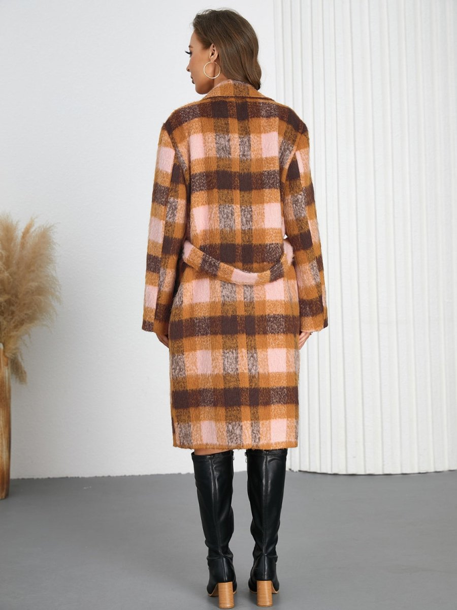 Tied Plaid Collared Neck Coat - Necessary Clothing