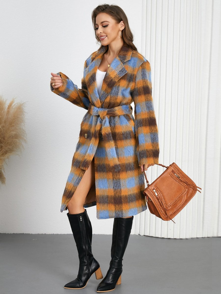 Tied Plaid Collared Neck Coat - Necessary Clothing